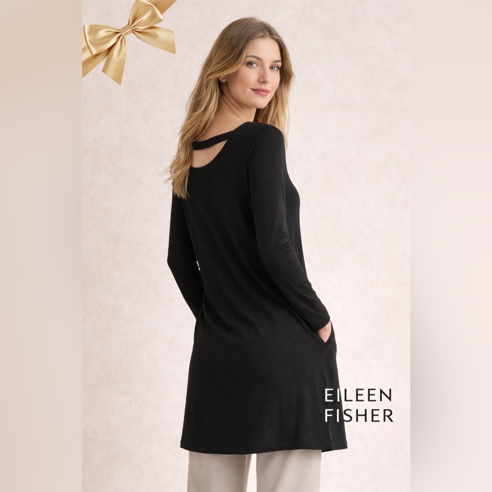 Eileen Fisher Black Long Sleeve Cutout Neck Dress M